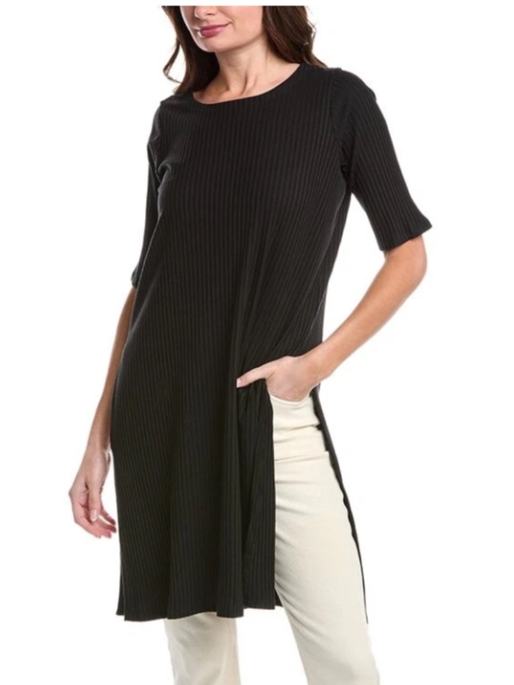 Eileen Fisher NWT Black Ribbed High Slit Long Top Cozy Brushed Terry Hug 2X